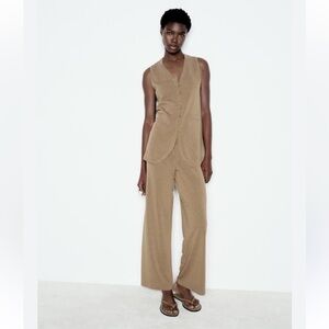Zara Women’s Two Piece Co Ord Set Vest Lounge Pants Large Twill Knit Brown